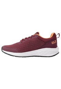 Maroon Jack Wolfskin sneaker with orange inner lining, geometric mesh upper, white midsole, and black outsole, side view.