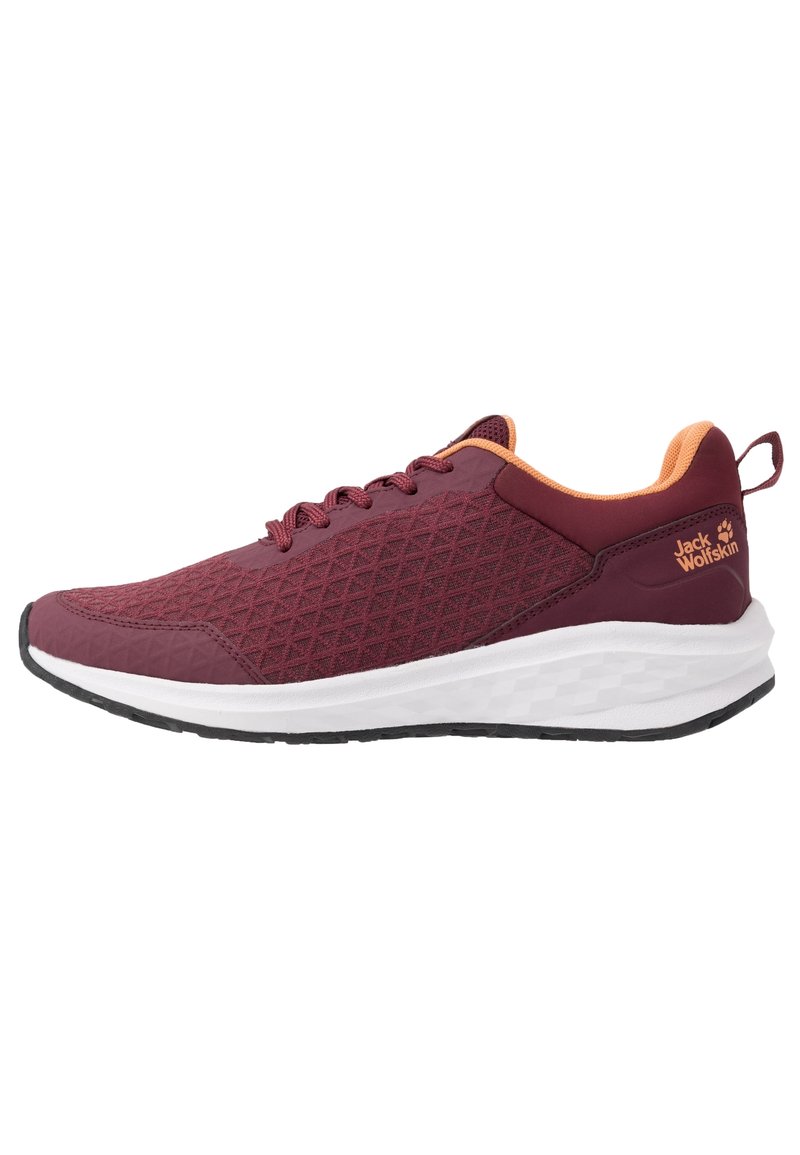 Maroon Jack Wolfskin sneaker with orange inner lining, geometric mesh upper, white midsole, and black outsole, side view.
