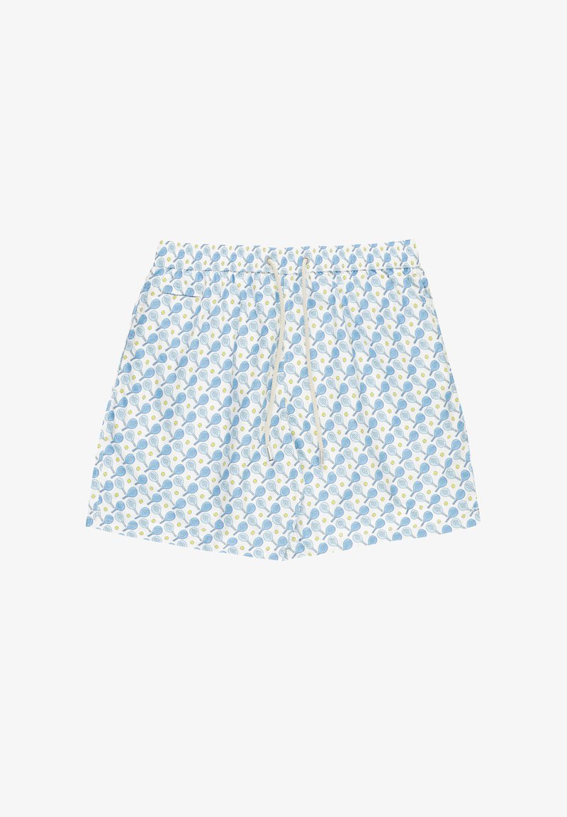 Shorts bleu clair avec taille élastique, ornés d'un motif répété de raquettes de tennis dans des nuances de bleu et de jaune. Matériau en coton.
