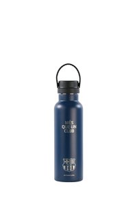 Bottiglia d'acqua in metallo blu con tappo e manico neri, con il testo "MÉS QUE UN CLUB" e il logo del FC Barcelona.