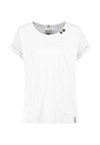 White short-sleeve t-shirt featuring rolled cuffs, a wide neckline, and three decorative brown heart-shaped buttons near the shoulder.