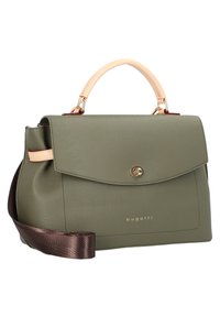 Borsa a mano in pelle verde con design strutturato, hardware dorato, manico superiore crema e tracolla staccabile marrone scuro. Presenta una chiusura a pattina.