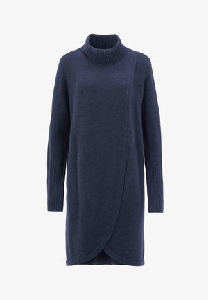 Tummansininen pooloneulemekko, jossa on pitkät hihat, ribattu kaulus ja hihansuut sekä laskostettu etureuna. Pehmeä, teksturoitu kangas.