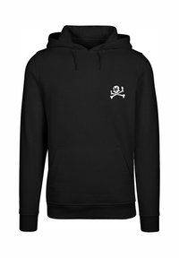 Felpa nera in cotone, con tasca frontale, cappuccio con cordino e logo bianco stampato di teschio e ossa incrociate sul petto.