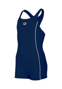 Marinblå baddräkt i ett stycke tillverkad av slät tyg med racerback-design. Har vita sidopaneler och en arena-logotyp framtill.