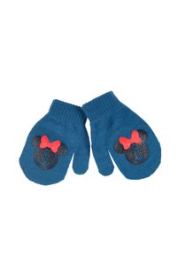 Blue knit mittens featuring a black mouse design with a red bow, an anchor graphic, and ribbed cuffs for a snug fit.
