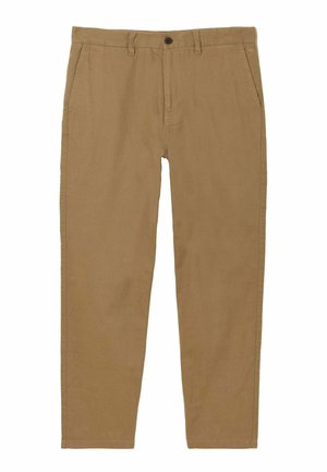Kapealahkeat khakinväriset housut puuvillakankaasta, joissa on etutaskut ja yksi takatasku sekä ruskea nappidetalji vyötäröllä.