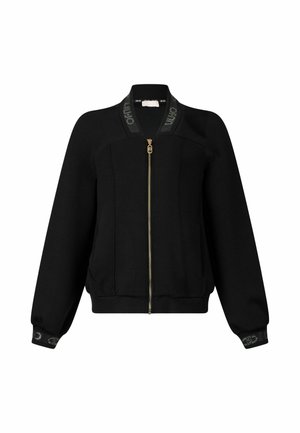 Black zip-up jacket with a fitted design, ribbed cuffs, and collar featuring a contrasting logo band. Material appears smooth and soft.