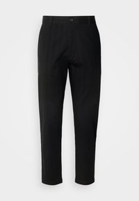 Black trousers made of a smooth fabric with a straight leg design. Features a single button closure and front pockets.