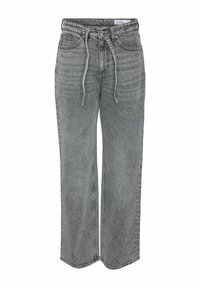 Pantaloni largi din denim gri cu talie ajustabilă prin șnur, având cinci buzunare și o decolorare subtilă, proiectați cu o potrivire lejeră și o textură netedă.