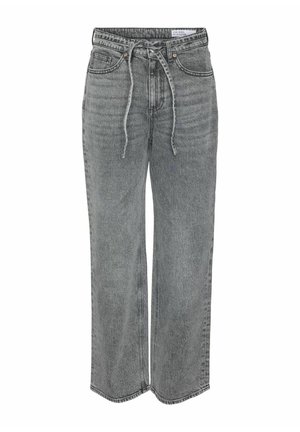 Grijze denim wijdvallende broek met een trekkoord in de taille, voorzien van vijf zakken en subtiele vervaging, ontworpen met een relaxte pasvorm en een gladde textuur.