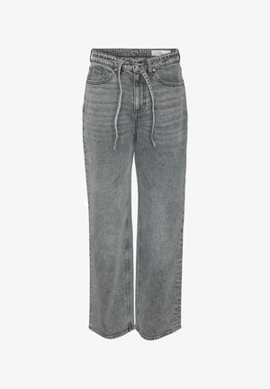 Pantalons larges en denim gris avec taille à cordon, dotés de cinq poches et d'un léger délavage, conçus avec une coupe décontractée et une texture lisse.