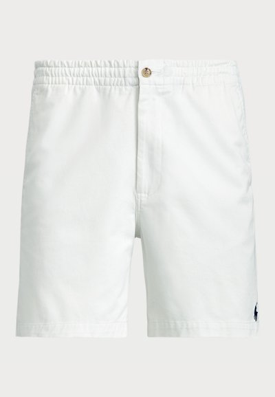 Shorts de bain en coton blanc avec une taille élastique, fermeture à bouton et un petit détail de logo marine en bas à gauche. Texture lisse.
