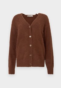 Cardigã castanho, texturizado, com decote em V, mangas longas e seis botões castanhos na frente. Tecido macio e aconchegante com bainha e punhos canelados.