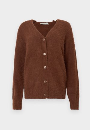 Cardigã castanho, texturizado, com decote em V, mangas longas e seis botões castanhos na frente. Tecido macio e aconchegante com bainha e punhos canelados.