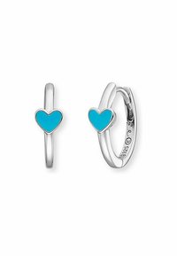 Orecchini a cerchio in argento con cuore in smalto turchese. Superficie liscia e forma arrotondata con un meccanismo di chiusura sicuro.