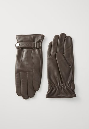 Brown leather gloves with a smooth texture, featuring a buckle accent, pleated design, and gathered wrist for a snug fit.