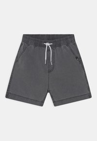 Dunkelgraue Freizeitshorts mit elastischem Bund, weißem Kordelzug, Seitentaschen und einem kleinen schwarzen Logotag an der rechten Tasche.