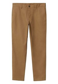 Pantalon kaki pour hommes à coupe droite, avec fermeture par bouton et fermeture éclair, passants pour ceinture et poches latérales, présenté à plat sur un fond blanc.