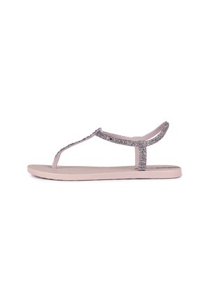 Helle rosa flache Sandalen mit einer glatten Sohle, die funkelschöne silberne Akzente an den Riemen und ein einfaches Zehensteg-Design aufweisen.