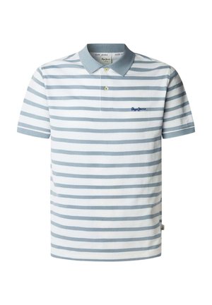 Striped polo shirt in white and light blue, short sleeves, collar, two-button placket, embroidered logo on the left chest. Cotton material.