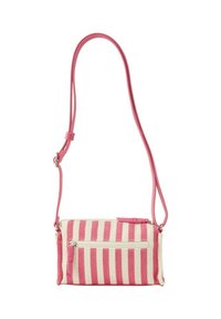 Pruhovaná crossbody taška v růžové a bílé barvě, vyrobená z texturované látky. Disponuje nastavitelným popruhem a přední kapsou na zip.