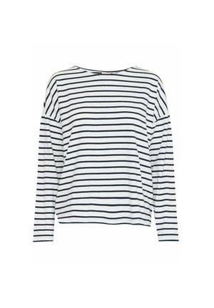 Långärmad topp i mjukt, lätt tyg med horisontella marinblå och vita ränder, båtformad halsringning och avslappnad passform.