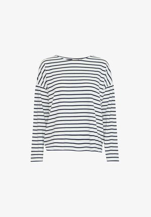 Ilga piedurkne top, kas izgatavots no mīksta, viegla auduma, ar horizontālām tumši zila un baltām svītrām, laivu formas kakla izgriezumu un brīvu piegriezumu.