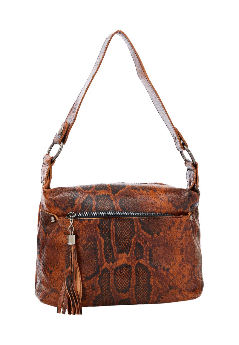 Borsa a tracolla con motivo a serpente marrone, dotata di una tasca anteriore con cerniera, un tassel removibile e una singola tracolla con dettagli metallici.