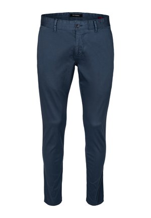 Marineblaue Slim-Fit-Chinos aus leichtem Baumwollmaterial mit Knopfverschluss, Gürtelschlaufen und einer glatten Textur.