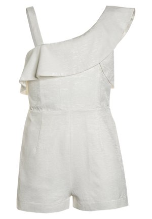 Hvid tekstureret stofromper med én skulderflæse og tynd strop, tætsiddende talje og kort bund.