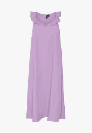 Robe longue lilas sans manches avec un col à volants, confectionnée dans un tissu doux, présentant une silhouette fluide et un design épuré.