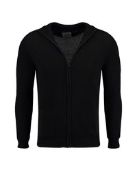 Schwarze Zip-Up-Strickjacke mit strukturiertem Strickmuster, Kapuze und gerippten Bündchen. Verfügt über Seitentaschen und einen durchgehenden Reißverschluss.