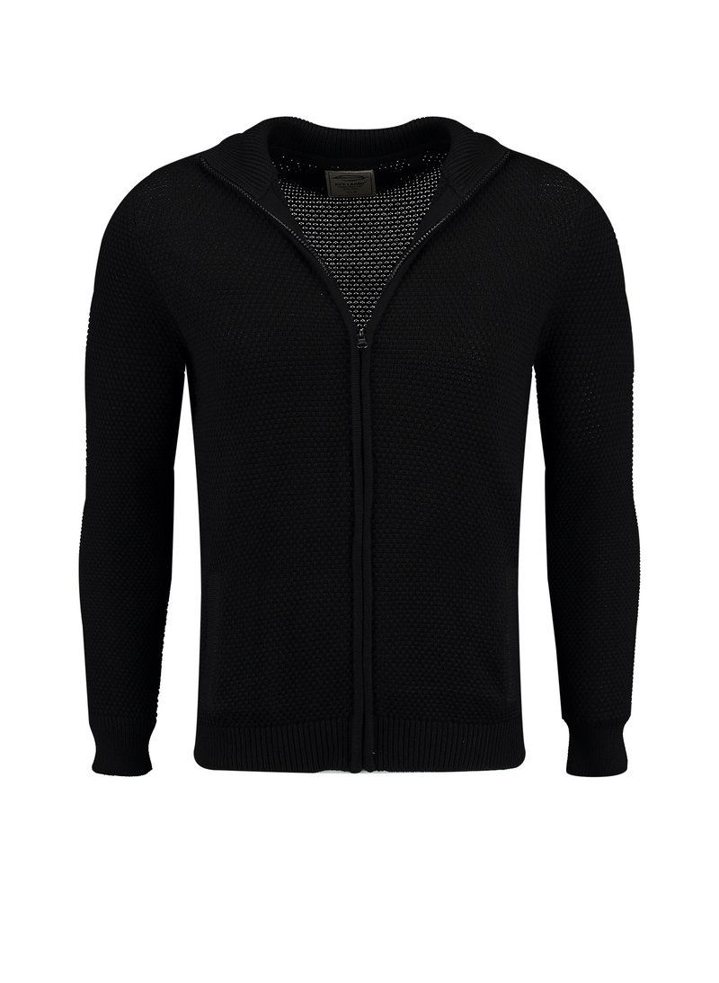 Schwarze Zip-Up-Strickjacke mit strukturiertem Strickmuster, Kapuze und gerippten Bündchen. Verfügt über Seitentaschen und einen durchgehenden Reißverschluss.