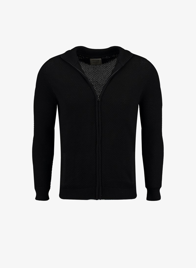 Schwarze Zip-Up-Strickjacke mit strukturiertem Strickmuster, Kapuze und gerippten Bündchen. Verfügt über Seitentaschen und einen durchgehenden Reißverschluss.
