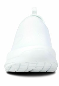 White athletic shoe with a smooth, textured upper and a rounded shape. Features a pull tab at the heel and a flexible, patterned sole.