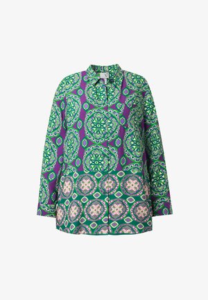 Long-sleeve shirt featuring vibrant purple, green, and pink geometric floral patterns, with a collared neckline and button front.