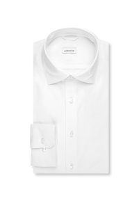 Chemise blanche à manches longues soigneusement pliée, avec col à boutons et boutons visibles sur le devant, portant l'étiquette « seidensticker ».