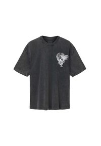 Melnā, īsām piedurknēm T-kreklā ir mīksts audums, un tam priekšpusē ir detalizēta balta skeleta grafika ar lapu motīvu. Apaļa kakla izgriezums, brīva piegriezuma.