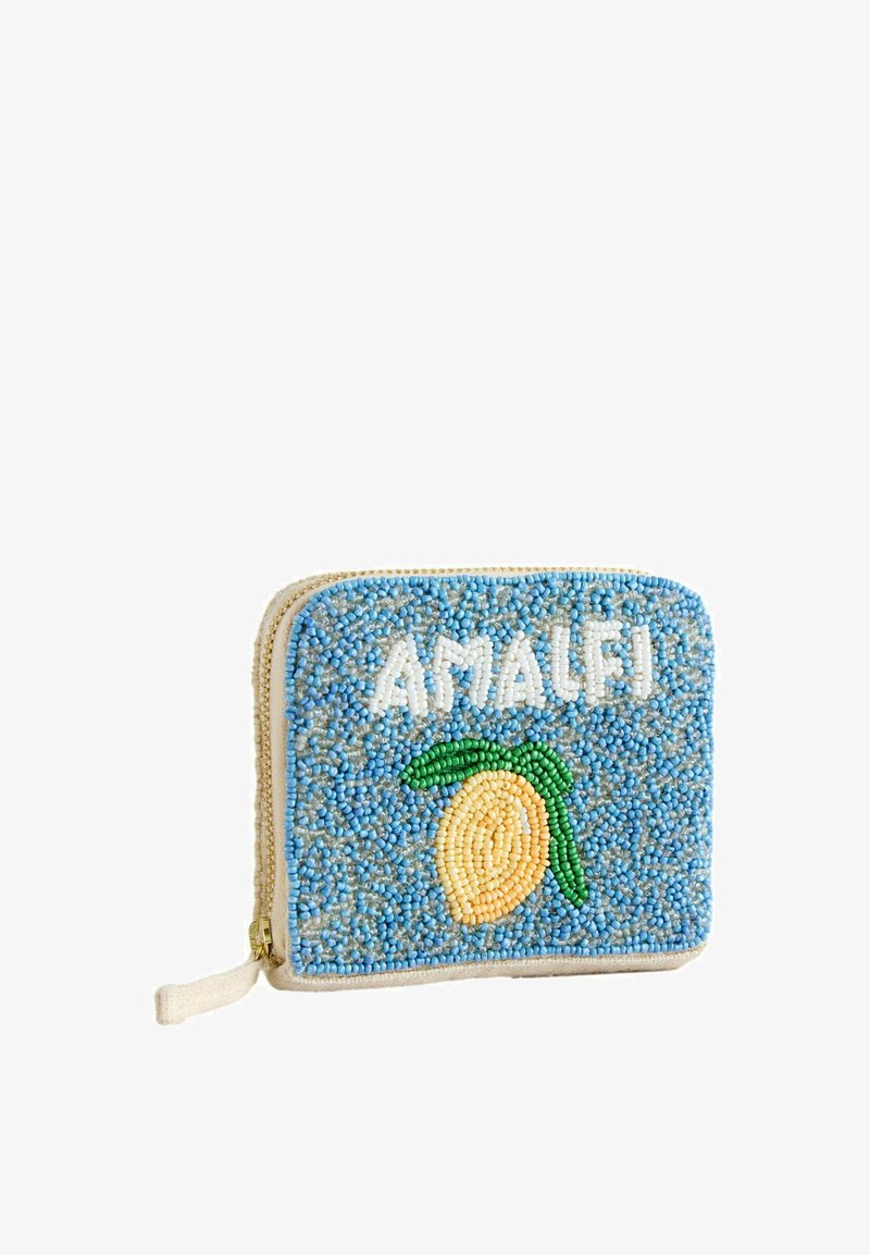 Small rectangular zippered pouch with blue, white, green, and yellow beads forming the word "AMALEI" and a lemon design.