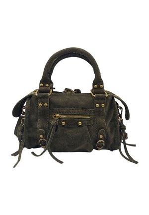 Petit sac à main en daim foncé avec deux poignées, poche avant zippée, clous en laiton, boucles et tirettes de fermeture éclair avec pompons.