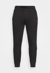 Black slim-fit jogger pants with elastic waistband and drawstring, featuring side pockets and cuffed ankles.