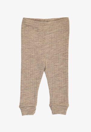 Béžové žebrované legíny vyrobené z měkké látky. Mají elastický pas a manžety na nohavicích pro těsné přilnutí. Bez dalších vzorů nebo ozdob.