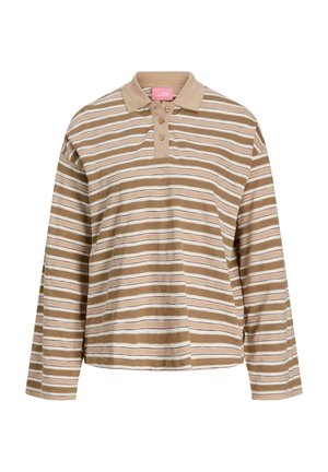 Gestreiftes Langarm-Polohemd in Braun und Creme mit einem Drei-Tasten-Knopfleiste und einer weichen Textur. Es hat einen entspannten Schnitt und einen einfarbigen Kragen.