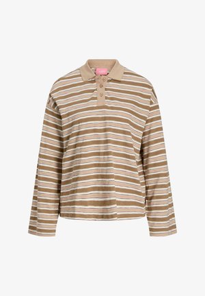 Polo à manches longues rayé marron et crème avec patte de boutonnage à trois boutons et une texture douce. Présente une coupe décontractée et un col uni.