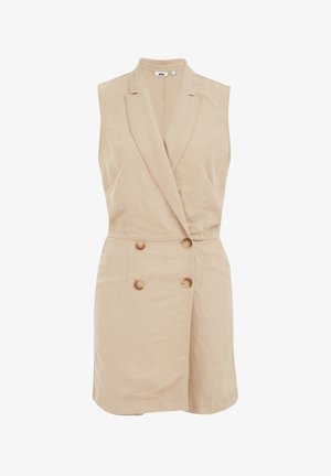 Bežs bezpiedurkņu blazera kleita, izgatavota no lina, ar dubulto pogu aizdari un strukturētu apkakli, ar pielāgotu piegriezumu.