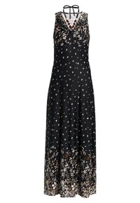 Czarna maxi sukienka w kwiatowe wzory w białym i brązowym kolorze na dolnej krawędzi. Posiada dekolt w kształcie litery V, regulowane ramiączka oraz przewężoną talię.