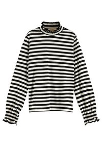 Pasiasty czarno-biały top z długimi rękawami, z wysokim falbaniastym kołnierzem i elastycznymi mankietami, posiadający proste wykończenie dołu dla luźniejszego kroju.