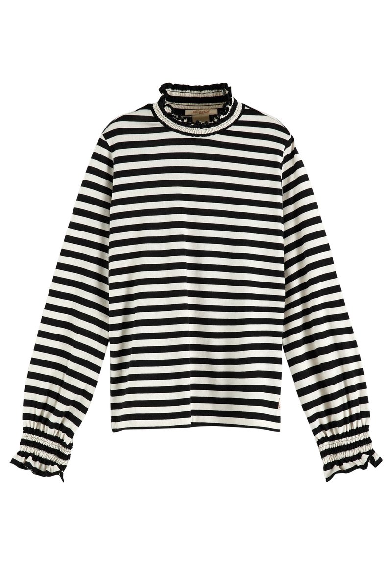 Pasiasty czarno-biały top z długimi rękawami, z wysokim falbaniastym kołnierzem i elastycznymi mankietami, posiadający proste wykończenie dołu dla luźniejszego kroju.