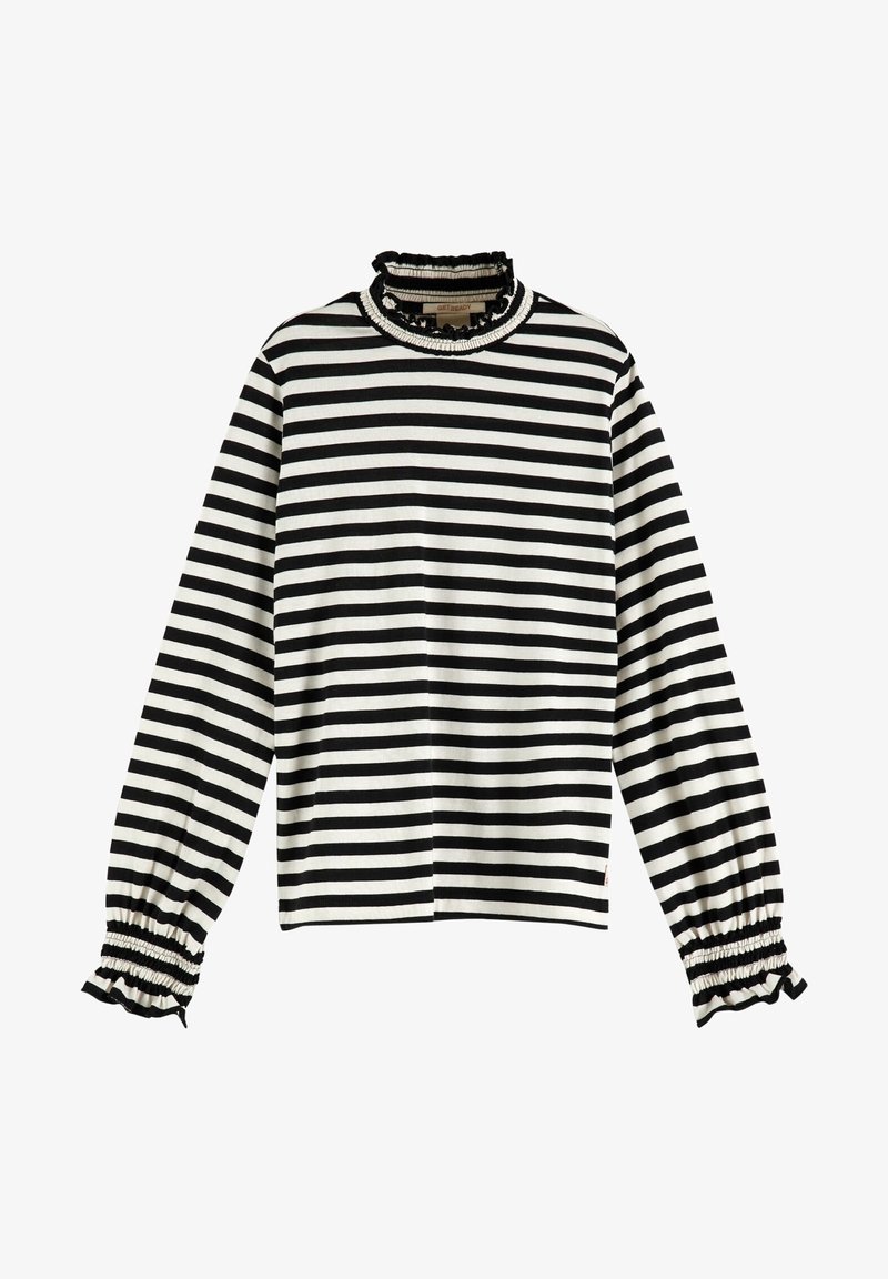 Pasiasty czarno-biały top z długimi rękawami, z wysokim falbaniastym kołnierzem i elastycznymi mankietami, posiadający proste wykończenie dołu dla luźniejszego kroju.